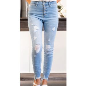 KanCan Harper High Waist Light Wash Distressed Button Fly Skinny Jeans 7/27